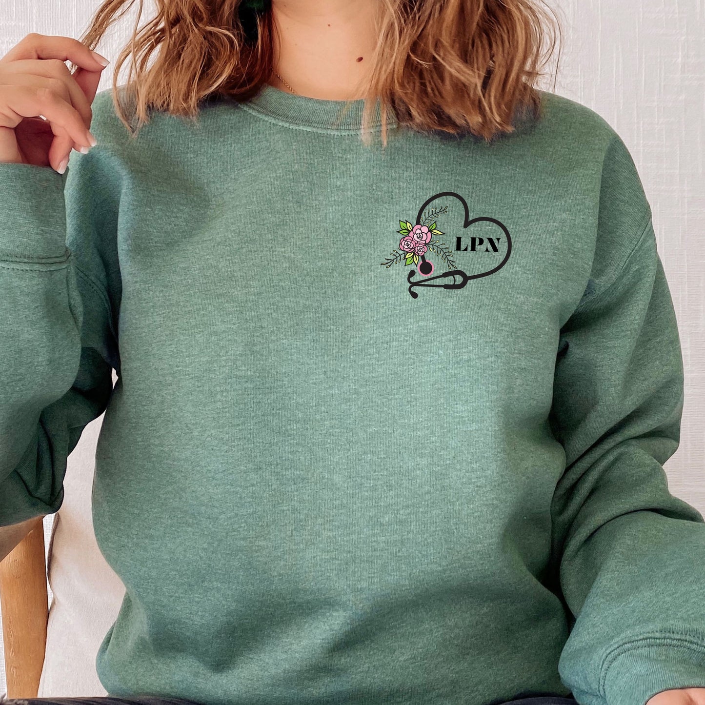 LPN Crewneck Sweater with Stethoscope and Flowers