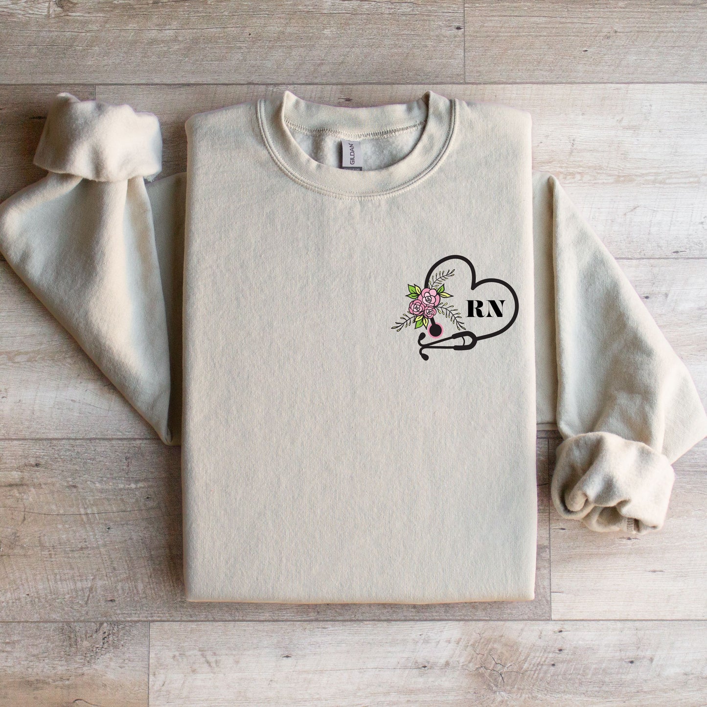 RN Crewneck Sweater with Stethoscope and Flowers