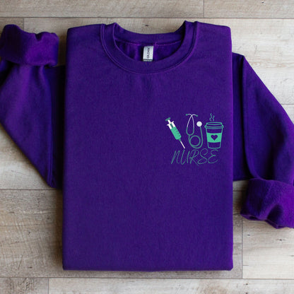 Nursing Crewneck Sweater with Stethoscope, Coffee Cup and Syringe