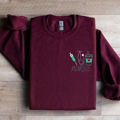 Nursing Crewneck Sweater with Stethoscope, Coffee Cup and Syringe