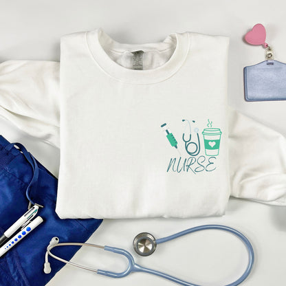 Nursing Crewneck Sweater with Stethoscope, Coffee Cup and Syringe